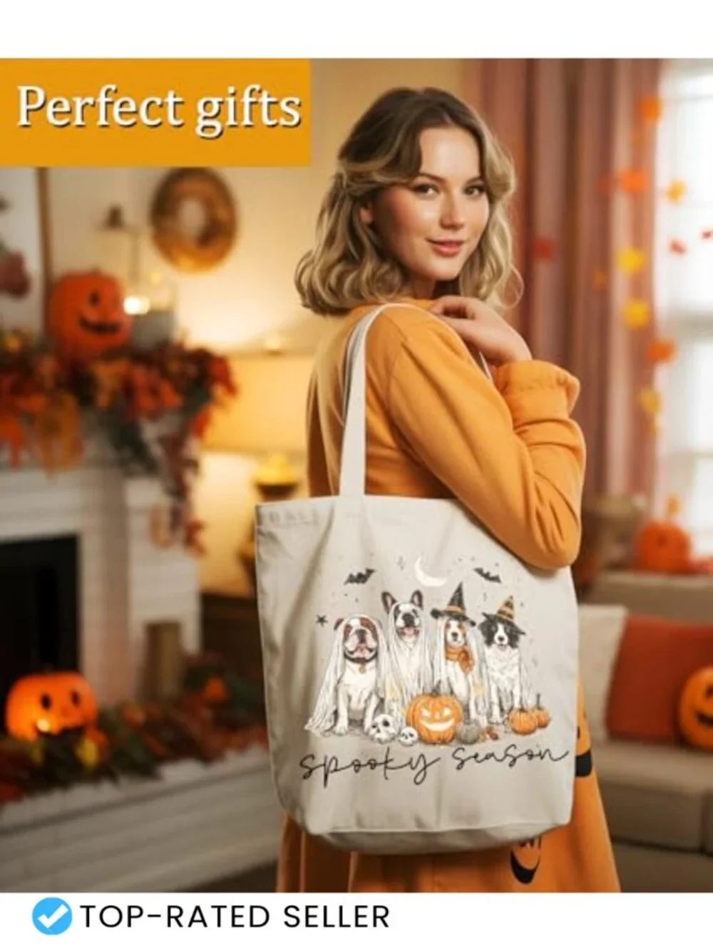 Halloween Ghost Tote Bag for Women - Canvas Spooky Tote with Inner Pocket